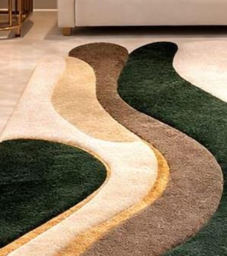 Organic Wave Rug – Hand Tufted Abstract Green Beige Carpet With Gold ...