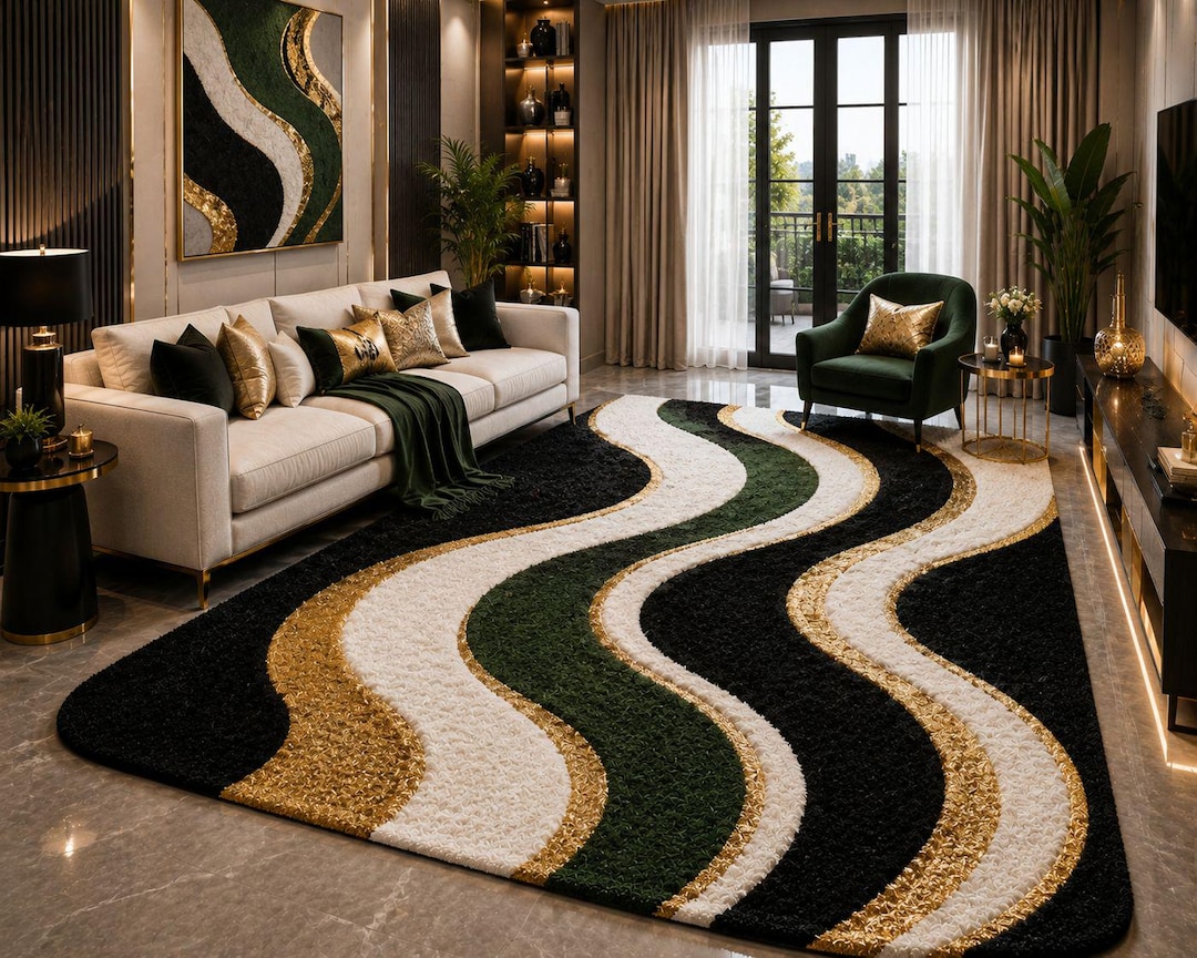 Emerald Green Gold Abstract Wave Area Rug – Hand Tufted Wool Carpet - Etsy