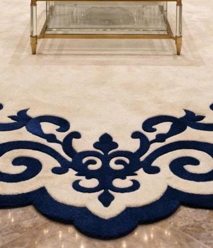 Royal Blue Ivory Baroque Area Rug – Scalloped Ornamental Border ...