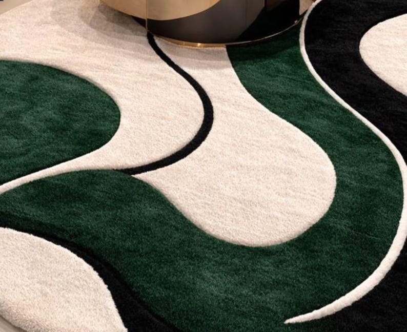 Hand Tufted Organic Wave Area Rug – Modern Abstract Green Black Ivory ...