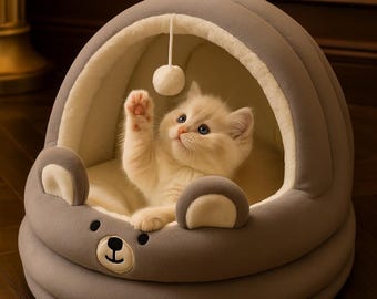 Cozy Plush Bear Cave Pet Bed | Small Dog & Cat House