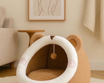 Bear Cat Bed - Ultra Soft Plush Pet Cave, Cozy Hideaway