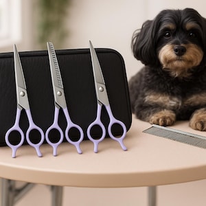 May include: Three pairs of grooming scissors with lavender handles and a metal comb are on a table next to a small dog. The scissors are next to a black zippered case. The dog is black and brown.