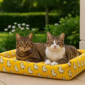 May include: Two tabby cats resting in a yellow pet bed with a white duck pattern. The cats have brown and white fur and are looking at the camera. The bed is on a tiled surface, with greenery in the background.