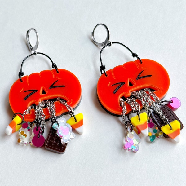Halloween Hangover Puking Pumpkin Candy Dangle Acrylic Earrings