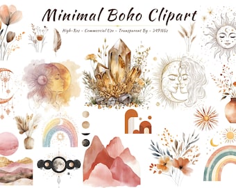 Boho Watercolor Clipart Set: Sun, Moon, Rainbow (PNG Digital Download)