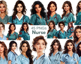 Paquete de imágenes prediseñadas de retratos de enfermeras / 45 imágenes PNG, uso comercial