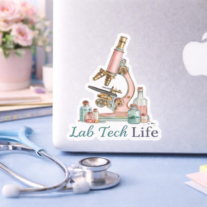 Puede incluir: Una pegatina con un microscopio de estilo vintage en rosa y dorado, con cristaler&iacute;a de laboratorio. La pegatina tiene el texto "Lab Tech Life" en una fuente turquesa. La pegatina est&aacute; en un port&aacute;til.