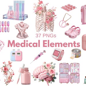 Pink medical clipart png set with 37 cute healthcare elements including nurse outfit medical tools pills syringe heart monitor anatomy microscope first aid kit soft pastel aesthetic