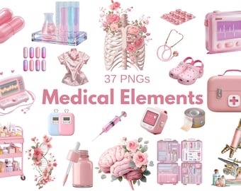 Imágenes prediseñadas médicas rosas / Gráficos PNG de enfermera y doctor, estetoscopio, cerebro (uso comercial)