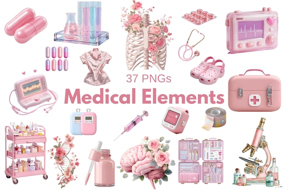 Pink Medical Clipart | Nurse Doctor PNG Graphics, Stethoscope, Brain (Commercial Use)