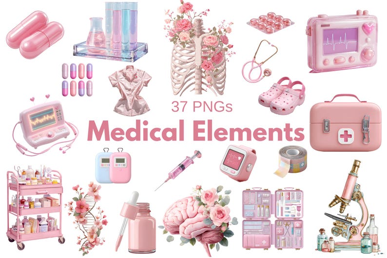 Pink medical clipart png set with 37 cute healthcare elements including nurse outfit medical tools pills syringe heart monitor anatomy microscope first aid kit soft pastel aesthetic