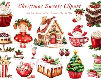 Watercolor Christmas Sweets Clipart | Holiday Dessert PNG Bundle
