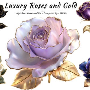 Puede incluir: Imagen digital de rosas en negro, blanco, morado y azul, con detalles dorados. El texto "Luxury Roses and Gold" está presente. Las rosas se encuentran sobre un fondo blanco.