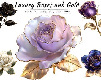 Paquete de imágenes prediseñadas PNG de rosas doradas / Arte floral metálico, uso comercial
