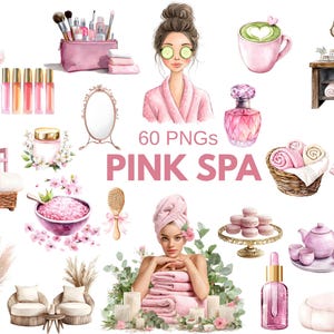 May include: A watercolour illustration featuring pink spa-themed items. The image includes a woman in a robe, cosmetics, bath products, a tea set, and a basket of rolled towels. The text "60 PNGs PINK SPA" is visible.