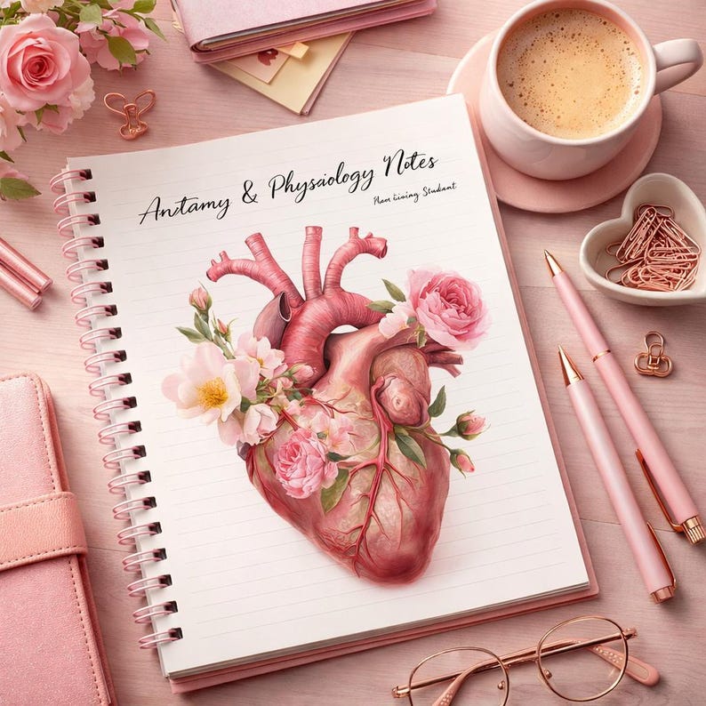 Puede incluir: Un cuaderno con espiral titulado "Anatomy & Physiology Notes" presenta una ilustraci&oacute;n detallada de un coraz&oacute;n humano adornado con rosas rosas y otras flores. La imagen tambi&eacute;n incluye bol&iacute;grafos rosas, una taza de caf&eacute; y art&iacute;culos de papeler&iacute;a.