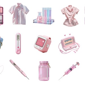 Cute pink medical tools clipart including syringe pills and healthcare equipment png