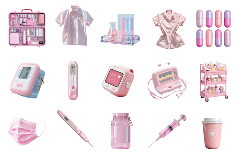 Cute pink medical tools clipart including syringe pills and healthcare equipment png