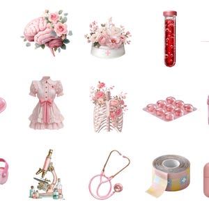 Nurse and doctor medical accessories clipart in pink aesthetic high quality png
