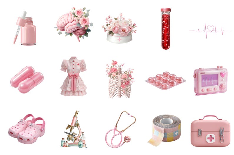 Nurse and doctor medical accessories clipart in pink aesthetic high quality png