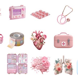 Pink medical clipart png set with healthcare elements in soft pastel aesthetic transparent background