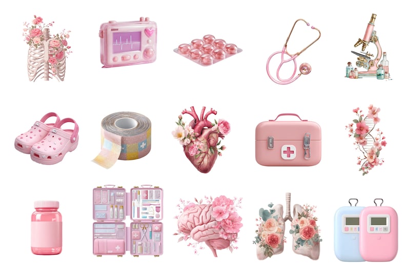 Pink medical clipart png set with healthcare elements in soft pastel aesthetic transparent background