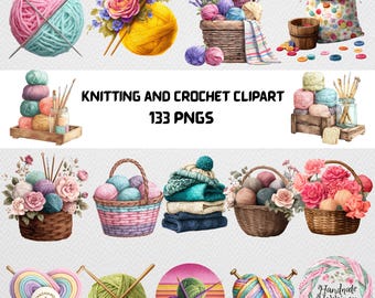 Watercolor Knitting Crochet Clipart Bundle: Yarn, Flowers, Craft Graphics (133 PNGs)
