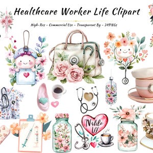 Puede incluir: Conjunto de imágenes prediseñadas de acuarela con ilustraciones de temática médica. Incluye una mochila, un maletín médico, estetoscopios, una bata de laboratorio y otros accesorios médicos, todos adornados con detalles florales. El texto "Healthcare Worker Life Clipart" es visible.