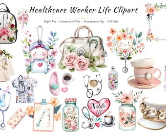 Paquete de imágenes prediseñadas de trabajador sanitario floral / Acuarela, enfermera, médico, arte médico PNG, uso comercial