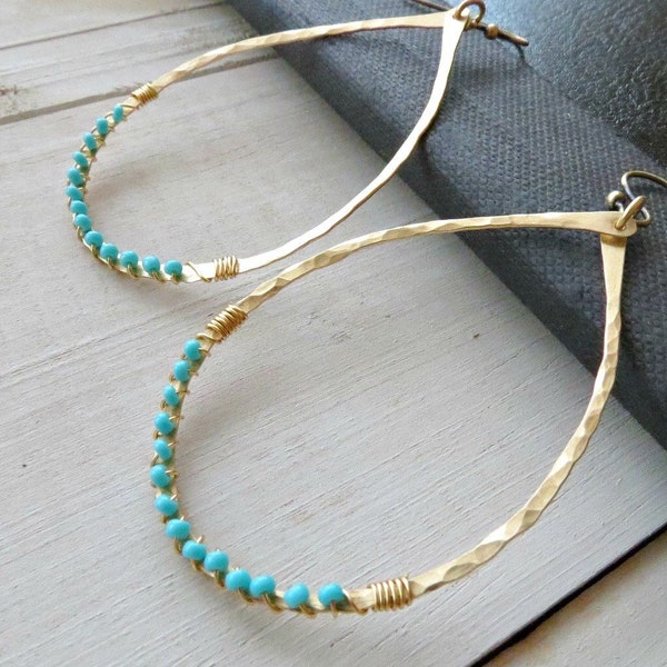 Blue beaded earrings, brass earrings, teardrop earrings, beaded hoops, hammered earring, wire-wrapped blue bead, bohemian style earrings