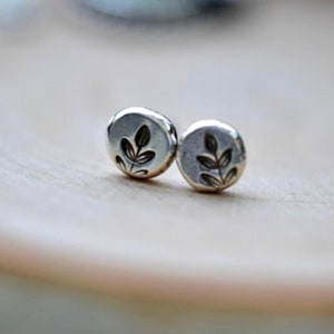 Small silver studs, stud earrings , leaf earrings, stamped studs, sprout earrings, minimalist