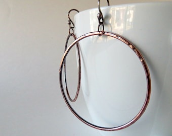 Hammered Copper Hoop Earrings, Sterling Silver Ear Wire, Handmade