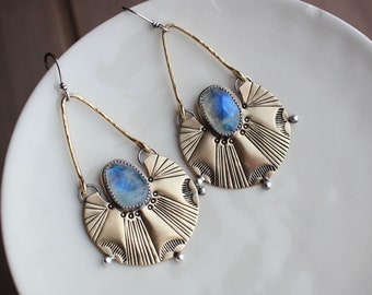 Brass rainbow moonstone statement earrings, unique custom earrings, handmade jewelry, gift for her