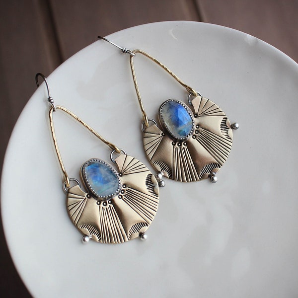 Brass rainbow moonstone statement earrings, unique custom earrings, handmade jewelry, gift for her