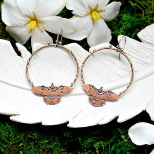 Copper hoop earrings featuring southwestern stamped hawks, nature inspired jewelry, handmade earrings image 1
