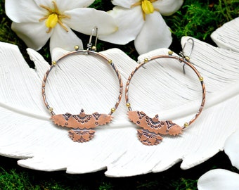 Copper hoop earrings featuring southwestern stamped hawks, nature inspired jewelry, handmade earrings