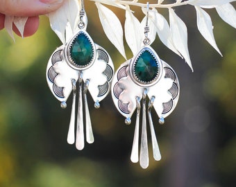 Stamped sterling silver boho earrings with fringe, emerald earrings, handmade artisan jewelry, unique gemstone earrings, silver boho jewelry