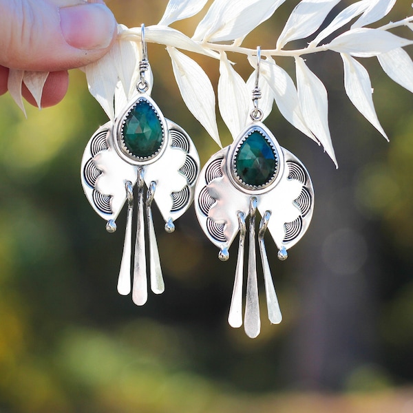 Stamped sterling silver boho earrings with fringe, emerald earrings, handmade artisan jewelry, unique gemstone earrings, silver boho jewelry