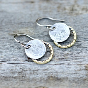 Handmade sterling silver earrings, small sterling dangle earrings, gift for her, moon earrings, solar eclipse jewelry, petite earrings