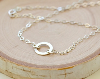 Silver circle necklace, silver necklace, hammered silver, petite necklace, everyday jewelry,