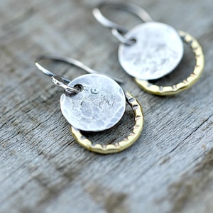 Small hammered silver moon earrings, handmade sterling silver earrings, two toned jewelry, everyday earrings image 2
