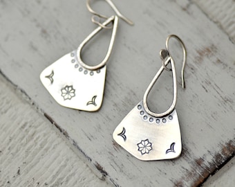 Floral stamped silver earrings, boho earrings, gift for her, sterling silver jewelry,