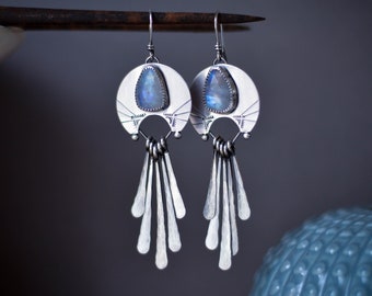 Moonstone fringe earrings, sterling silver gemstone earrings, statement earrings, gift for her