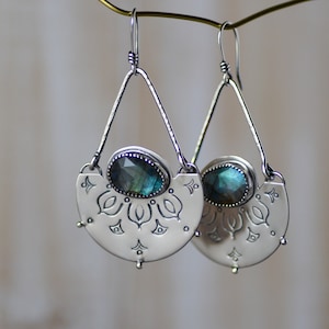Silver labradorite earrings, statement dangles, handmade jewelry sterling blue gemstone, drop earrings, stamped jewelry gift for her birthst