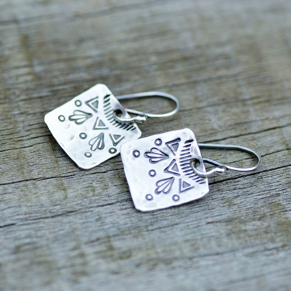 Dainty square silver earrings, bohemian stamped jewelry, everyday dangles, hammered sterling silver 925, jewelry gift for her, anniversary