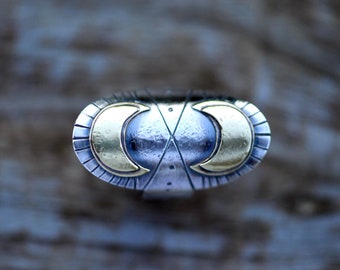 Messing en zilveren maanring, boho maanring, statementring, sterlingzilveren ring, handgemaakte ring