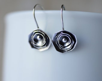 Organic silver rose dangles, small flower earrings, handmade jewelry gift