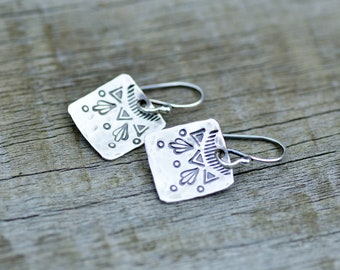 Dainty square silver earrings, bohemian stamped jewelry, everyday dangles, hammered sterling silver 925, jewelry gift for her, anniversary