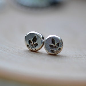 Small silver studs, stud earrings , leaf earrings, stamped studs, sprout earrings, minimalist